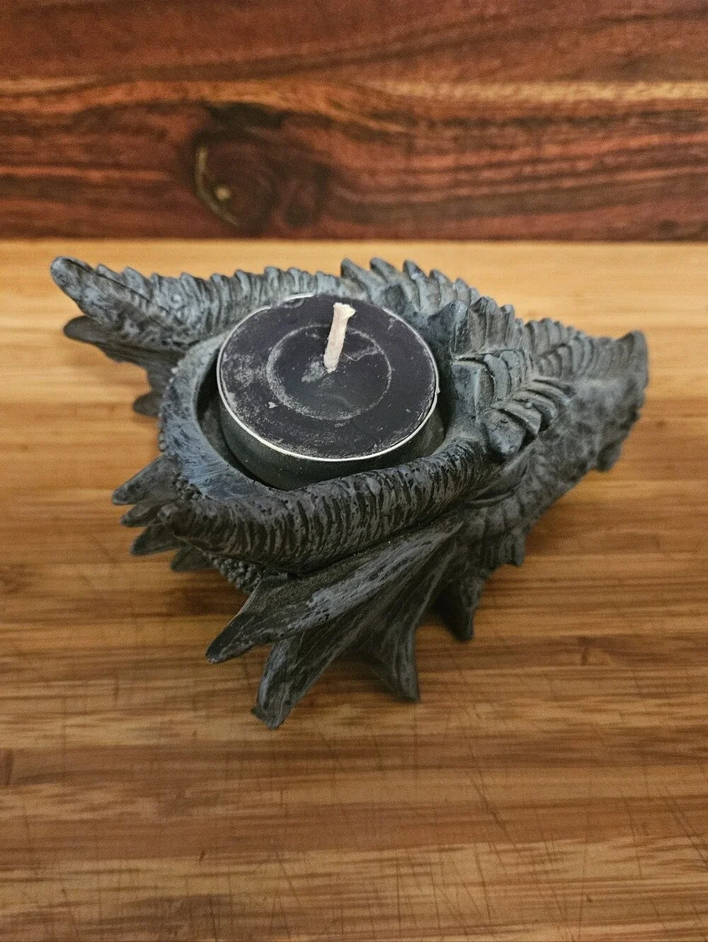 Gothic Dragon Head Tealight Candle Holder | 5” Grey Stone Finish Resin Figurine
